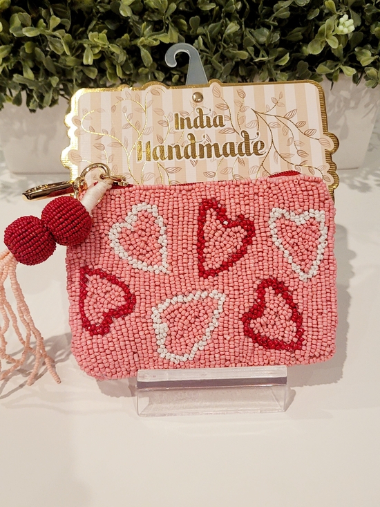 Accessories - Handmade Pink Beaded Heart Coin Purse -